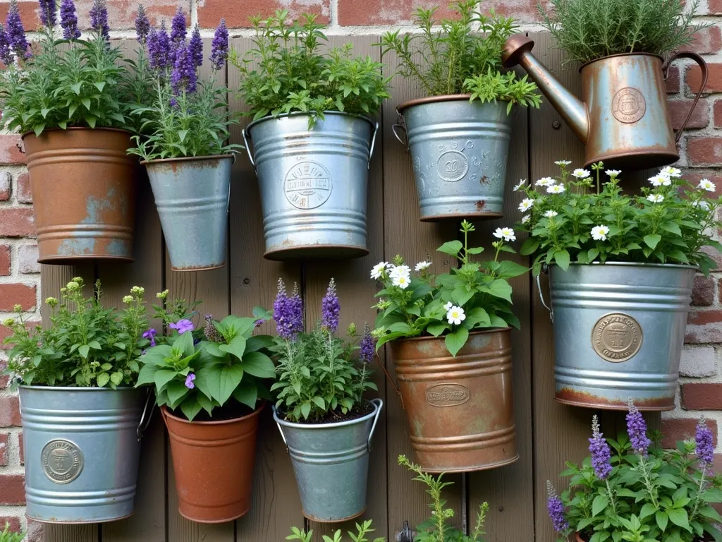 Vintage Metal Bucket Wall Garden Display - A rustic garden wall with weathered brick or reclaimed wood background, featuring an artfully arranged collection of vintage galvanized metal buckets and watering cans mounted at various heights. The buckets show beautiful patinas ranging from silver to rust-brown, each filled with cascading herbs and colorful flowers like purple sage, trailing lobelia, and white sweet alyssum. Soft natural lighting casts gentle shadows, highlighting the textural contrast between the aged metal and lush greenery. Several buckets feature decorative embossed patterns and vintage logos, creating an authentic farmhouse aesthetic.