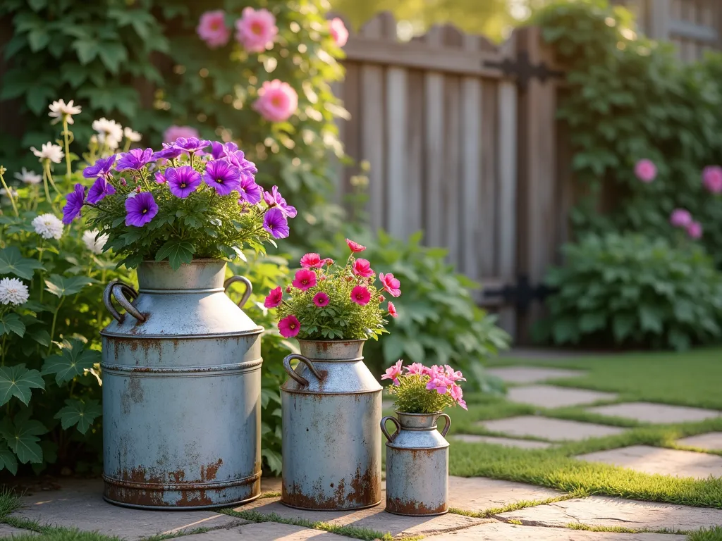 Vintage Milk Can Garden Vignette - A charming rustic garden vignette with three weathered antique milk cans of varying heights arranged on a natural stone patio. The largest milk can features cascading purple petunias and white lobelia, while two smaller ones display pink geraniums and trailing ivy. Soft evening sunlight casts warm shadows across the weathered metal surfaces, highlighting their authentic patina. A vintage wooden fence and climbing roses provide a blurred background, creating depth and rustic ambiance. Photorealistic, high detail, warm lighting, cottage core aesthetic.