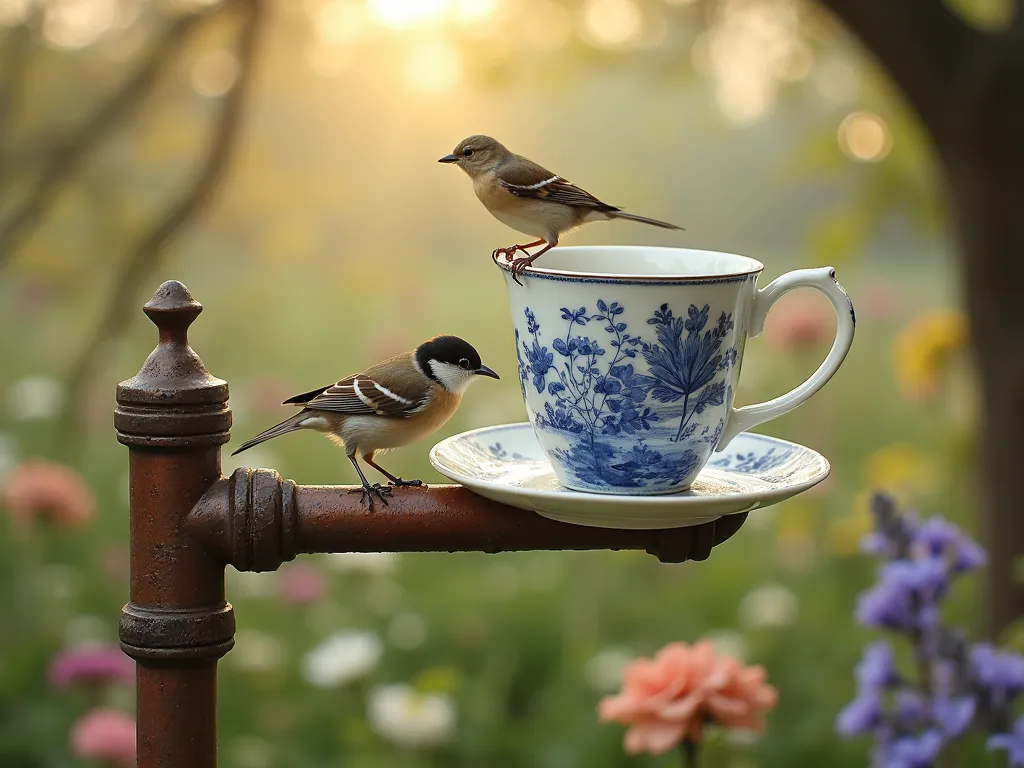 Vintage Teacup Bird Feeder in Garden Setting - A whimsical garden scene featuring a vintage floral porcelain teacup and saucer mounted on an aged copper pipe, serving as a charming bird feeder. The delicate blue and white china pattern catches sunlight while small songbirds perch on its rim. Surrounded by soft-focus cottage garden flowers and morning light filtering through tree branches. The scene has a dreamy, vintage aesthetic with subtle bokeh effect and dew drops glistening on nearby flowers. Photorealistic style with rustic garden elements.