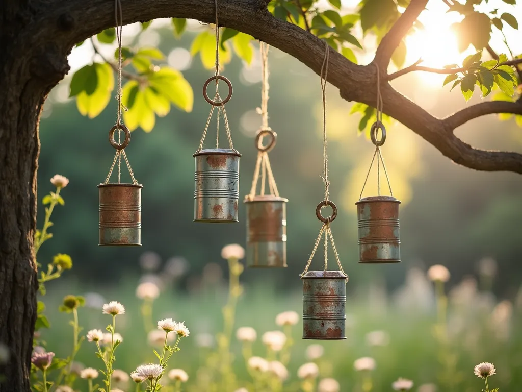 Vintage Tin Can Wind Chimes in Garden - A rustic garden scene featuring handmade wind chimes made from vintage tin cans hanging from a weathered branch, photographed in soft afternoon light. The tin cans are of varying sizes and painted with a weathered, rust-effect finish, connected by natural twine rope. Metal washers hang between the cans, creating an artistic arrangement. The wind chimes are surrounded by soft bokeh and delicate wildflowers, with dappled sunlight filtering through trees in the background. Artistic composition, shallow depth of field, f/2.8, soft vintage color palette.