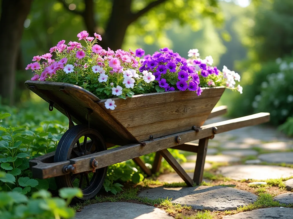 Rustic Wheelbarrow Garden Display - A weathered antique wooden wheelbarrow planter in a sun-dappled garden setting, overflowing with vibrant cascading purple petunias, pink trailing geraniums, and white lobelia. The wheelbarrow's aged wood shows beautiful patina, positioned at a slight angle on a natural stone path surrounded by green foliage. Morning light filters through nearby trees, creating a romantic, cottage garden atmosphere. The rustic wheelbarrow features vintage metal wheels and handles with subtle rust accents, adding authentic character.