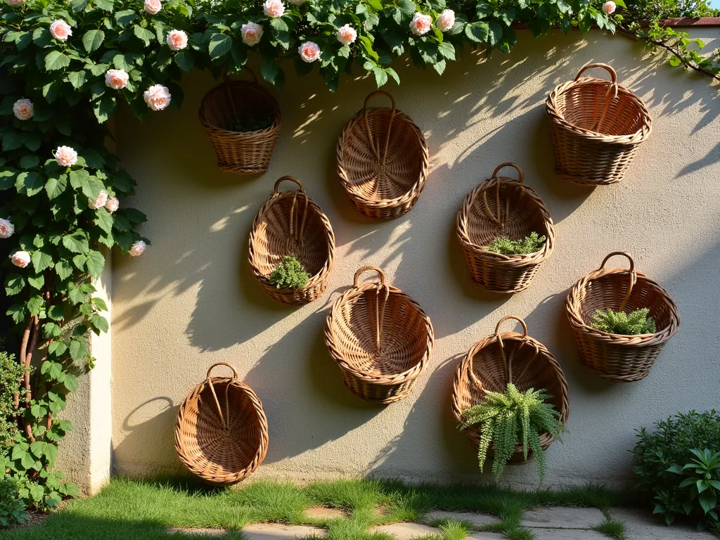 Vintage Wicker Basket Garden Wall Display - A sun-dappled stone garden wall adorned with an artistic arrangement of weathered wicker baskets in various sizes and natural tones, some filled with cascading ivy and delicate ferns. The rustic baskets create an organic sculptural pattern against the textured wall, casting intricate shadows. Soft evening light illuminates the scene, highlighting the natural textures and weaves of the baskets. A climbing rose frames one corner of the composition, adding a romantic touch to the rustic display.