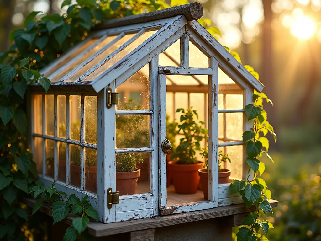 Rustic Window Greenhouse - A charming small greenhouse made from reclaimed vintage windows with weathered white paint, connected by rustic wooden beams. Sunlight streams through the aged glass panes, creating a warm ambiance inside. The structure features antique brass hinges and door handles, with climbing ivy along its edges. Inside, wooden shelves hold terracotta pots with various plants. The greenhouse is photographed at golden hour, giving it a magical, ethereal quality. Photorealistic, highly detailed, soft natural lighting, shallow depth of field.