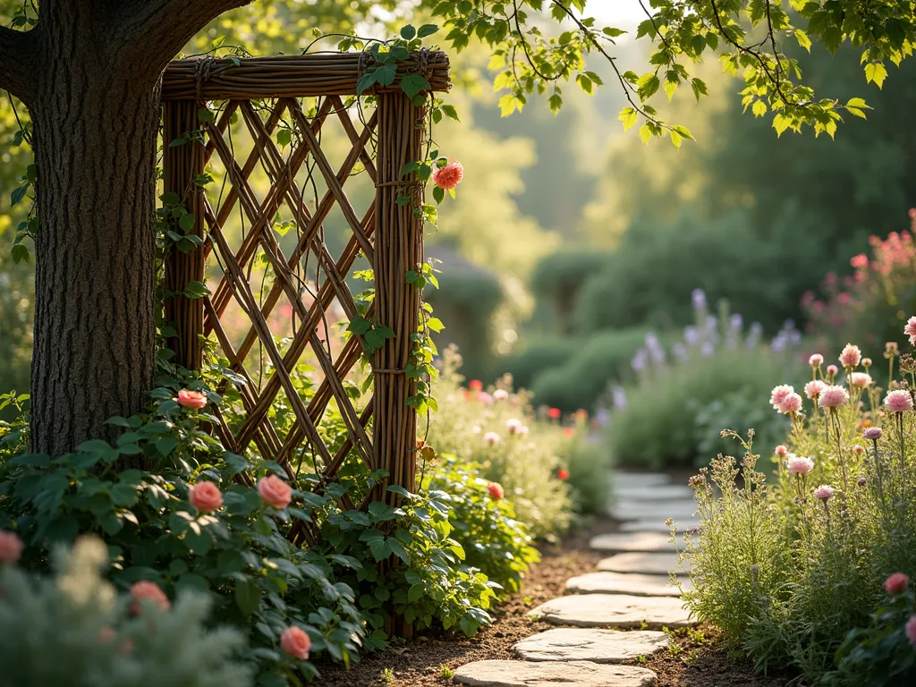 Natural Woven Willow Garden Screen with Climbing Roses - A beautiful rustic garden scene featuring an artistically woven willow branch privacy screen, approximately 6 feet tall, with an intricate diamond pattern weave. The natural brown willow branches create a warm, organic lattice effect. Delicate climbing roses and emerald green ivy intertwine through the structure, with some pink blooms peeking through the gaps. Soft late afternoon sunlight filters through the screen, casting gentle shadows on a natural stone pathway below. The background shows a blurred cottage garden with wildflowers and herbs, creating depth and context. Photorealistic, high detail, warm earthy tones, pastoral atmosphere.