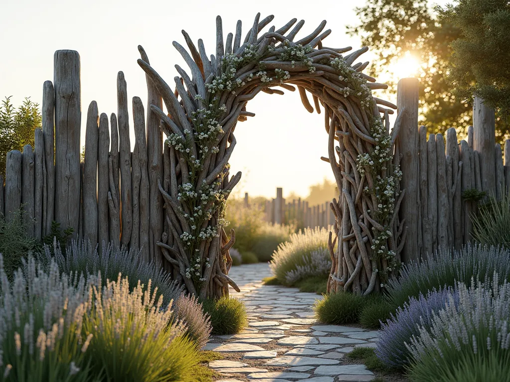 Artisanal Driftwood Garden Gate - A stunning artistic garden gate made entirely of weathered driftwood pieces artfully arranged in a flowing, wave-like pattern. The gate stands 6 feet tall, photographed in golden afternoon light, with each piece of silvery-gray driftwood carefully positioned to create a natural, organic design. Climbing jasmine vines weave through the driftwood pieces, adding delicate white flowers. The gate is set between rough-hewn cedar posts, with a natural stone path leading up to it. Coastal grasses and lavender sway in the foreground, creating a dreamy, beach-inspired garden setting. Photorealistic, high detail, architectural photography style.