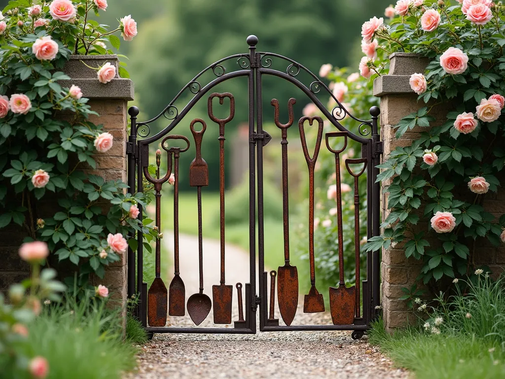 Artistic Farm Tool Gate Mosaic - A charming rustic garden gate crafted from weathered metal farm tools arranged in an artistic mosaic pattern, featuring vintage plowshares, hand rakes, sickles, and pitchforks welded together in a symmetrical design. The gate frame is made of dark wrought iron with a gentle arch, while the antique tools showcase natural rust patinas in warm browns and oranges. Climbing roses with soft pink blooms frame the gate, while a gravel path leads through. Photographed in natural daylight with shallow depth of field, creating a dreamy cottage garden atmosphere.