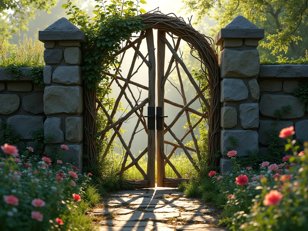 Natural Branch Lattice Garden Gate - A charming rustic garden gate made from intertwined natural branches and twigs arranged in an artistic lattice pattern within a weathered wooden frame. The branches create organic diamond and hexagonal patterns, casting dappled shadows on a stone path below. Climbing roses and wild ivy partially cover the gate, adding splashes of green. The gate is set between two rough-hewn wooden posts, with a natural stone wall extending on either side. Morning sunlight filters through the branches, creating an enchanting play of light and shadow. The scene is backdropped by a lush cottage garden with wildflowers and ornamental grasses. Photorealistic, high detail, magical garden atmosphere