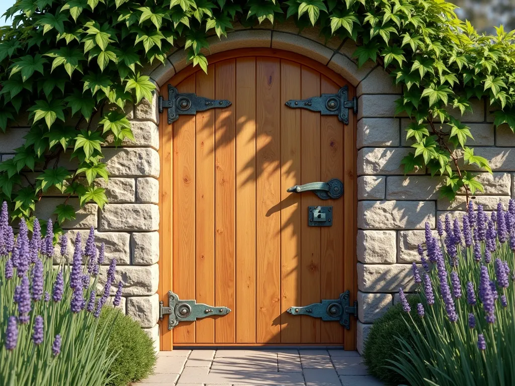 Rustic Cedar Gate with Copper Accents - A beautiful handcrafted wide cedar garden gate with weathered copper hinges, handle, and decorative scrollwork, set within a natural stone wall covered in climbing ivy. The cedar wood shows rich honey-golden tones, while the copper hardware displays varying shades of verdigris patina. Soft afternoon sunlight casts dappled shadows across the gate's surface, highlighting its rustic craftsmanship. The surrounding garden features lavender bushes and ornamental grasses, creating a romantic cottage garden atmosphere. Photorealistic, high detail, artistic composition, 85mm lens, soft natural lighting.