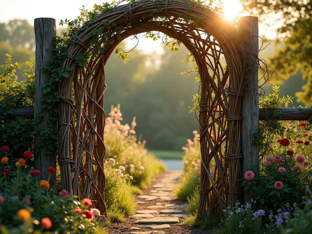 Ethereal Willow Garden Gate - A stunning rustic garden gate handcrafted from interwoven willow branches in an intricate basketweave pattern, photographed in golden hour light. The gate stands between weathered wooden posts covered in climbing vines. The willow branches create an artistic lattice design with gentle curves and natural flowing patterns. Behind the gate, a whimsical cottage garden path leads through blooming perennials and wildflowers. Soft, atmospheric lighting highlights the natural texture and warm tones of the willow branches. Photorealistic, high detail, magical garden atmosphere, 4k, artisanal craftsmanship.