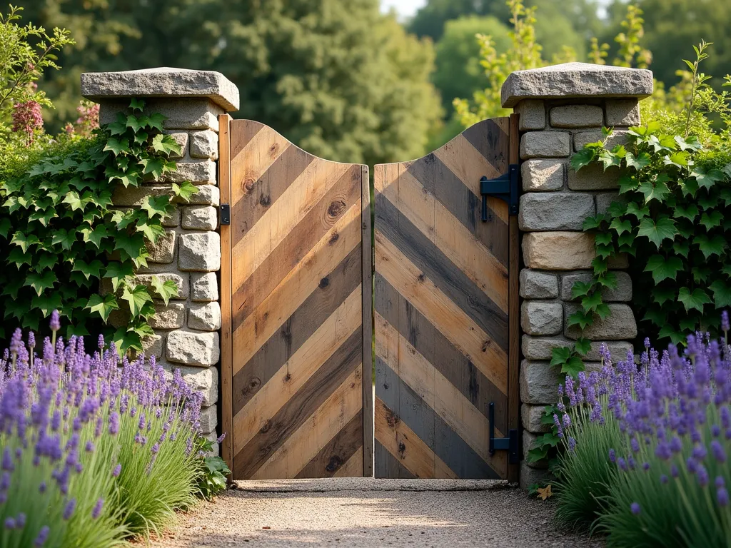 Geometric Pallet Wood Garden Gate - A rustic garden gate crafted from reclaimed pallet wood, featuring a striking chevron geometric pattern with varying wood tones from honey to weathered gray. The gate is set between natural stone pillars covered in climbing ivy, with lavender plants softening the base. Photographed in warm afternoon sunlight that highlights the wood's natural textures and grain patterns. A gravel pathway leads through the gate to a cottage garden beyond, creating depth and invitation. Artistic photography, 4k, detailed textures, rustic charm