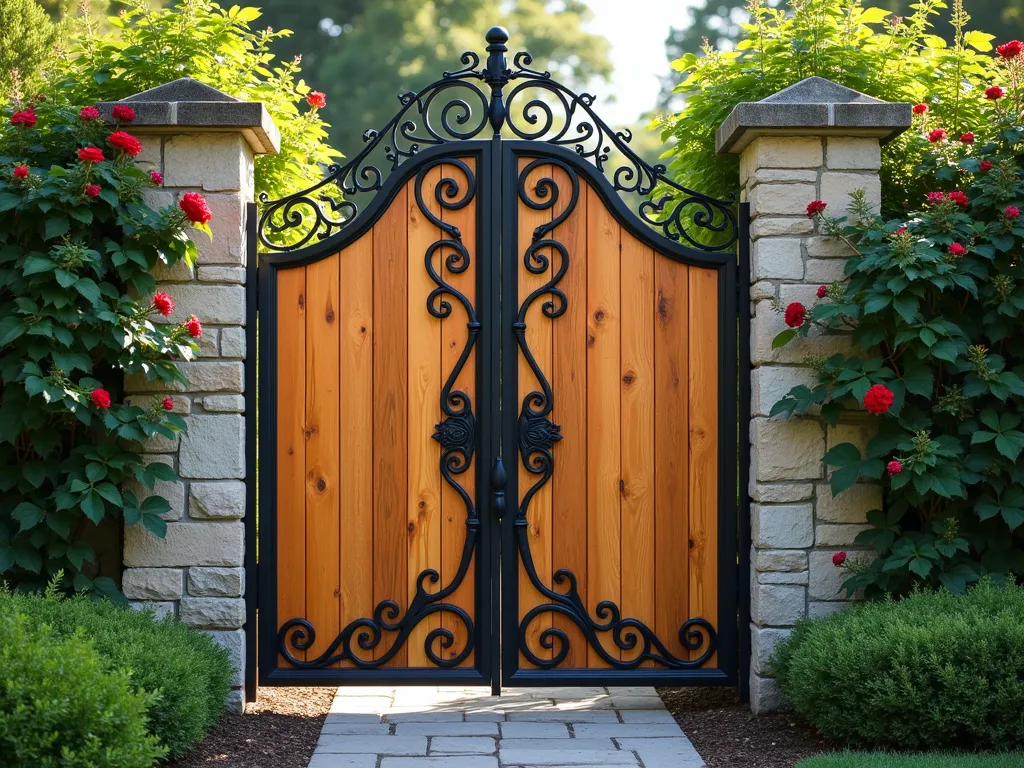 Elegant Iron and Cedar Garden Gate - A majestic garden gate featuring weathered cedar planks arranged vertically, intersected by ornate black wrought iron scrollwork. The gate stands 7 feet tall within a stone archway, with climbing roses framing either side. Afternoon sunlight filters through, highlighting the rich amber tones of the wood and casting intricate shadows from the decorative ironwork. The gate is set against a backdrop of lush green foliage, with a winding garden path leading through it. The iron scrollwork features classic Victorian-inspired curves and flourishes, while the cedar planks show natural grain patterns and a rustic patina.