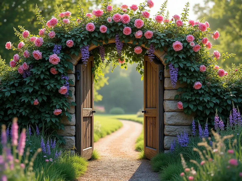 Enchanting Living Garden Gate with Climbing Roses - A charming rustic wooden gate frame made of weathered oak, featuring an arched top and vertical slats, completely transformed by lush climbing roses and delicate wisteria. The gate frame stands 7 feet tall, surrounded by natural stone pillars, with morning glory and clematis intertwining through the woodwork. Soft evening sunlight filters through the foliage, creating dappled shadows on a winding gravel path beyond. The living gate bursts with pink climbing roses, purple wisteria cascades, and deep green leaves, all set against a backdrop of cottage garden perennials and wild grasses. Hyperrealistic, professional photography, soft bokeh effect.