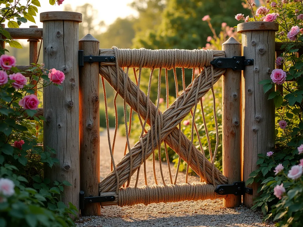 Nautical Rope and Timber Garden Gate - A rustic garden gate made from weathered cedar timber posts and crossbeams, intricately woven with thick natural manila rope in a decorative diamond pattern. The 6-foot-tall gate features sturdy iron hinges and is set between two substantial wooden posts wrapped with rope accents. Behind the gate, climbing roses and wisteria peek through, while a gravel path leads to a cottage garden. Golden evening sunlight casts warm shadows across the textured rope details, photographed in photorealistic style, 4K resolution.