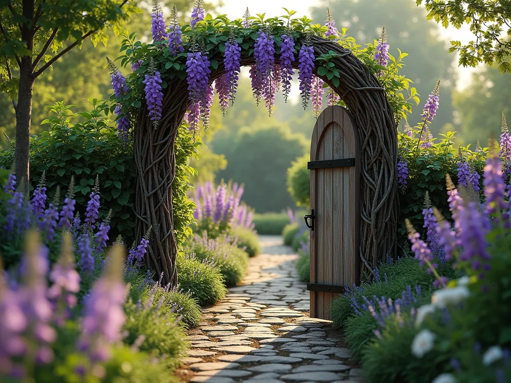 Rustic Branch Arch Garden Gateway - A whimsical garden gateway featuring a natural arch made from intertwined weathered branches and twigs, positioned over a handcrafted wooden gate with black iron hinges. The arch is beautifully adorned with climbing purple wisteria in full bloom, cascading down both sides. The gate is set between rough-hewn wooden posts, surrounded by lush cottage garden plantings including lavender, foxgloves, and climbing roses. Late afternoon sunlight filters through the foliage, creating a magical, dappled effect. The path beyond leads into a secret garden, with soft natural stone pavers lined with wild flowers. Photorealistic, high detail, magical atmosphere.