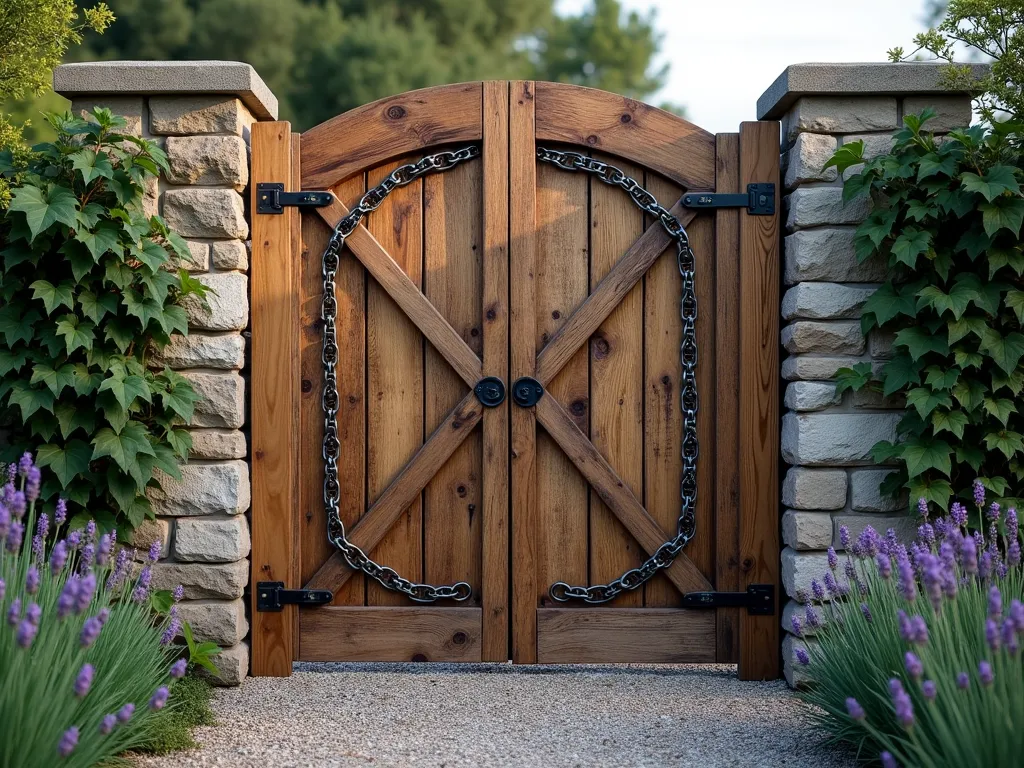 Rustic Chain Link Garden Gate with Weathered Wood - A stunning rustic garden gate crafted from reclaimed barn wood with decorative antique iron chain links woven in a Celtic knot pattern across its frame. The wooden planks show natural weathering and rich patina, while ornate wrought iron hardware and vintage-style hinges accent the corners. The gate is set between stone pillars covered in climbing ivy, creating a perfect blend of industrial and pastoral charm. Soft evening lighting casts intricate shadows through the chain pattern onto a gravel garden path lined with lavender.