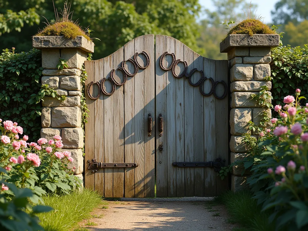 Rustic Horseshoe Gate with Wild Roses - A charming rustic wooden garden gate made from weathered oak planks, adorned with a decorative pattern of vintage iron horseshoes arranged in an artistic arch formation. The gate is flanked by stone pillars covered in climbing wild roses in soft pink hues. Morning sunlight filters through, casting intricate shadows of the horseshoe pattern onto the garden path. The gate hardware is wrought iron, and rustic rope serves as a door pull. Natural moss and patina add character to the weathered horseshoes. The scene is completed with cottage garden flowers and climbing vines framing the entrance, creating a magical countryside entrance.