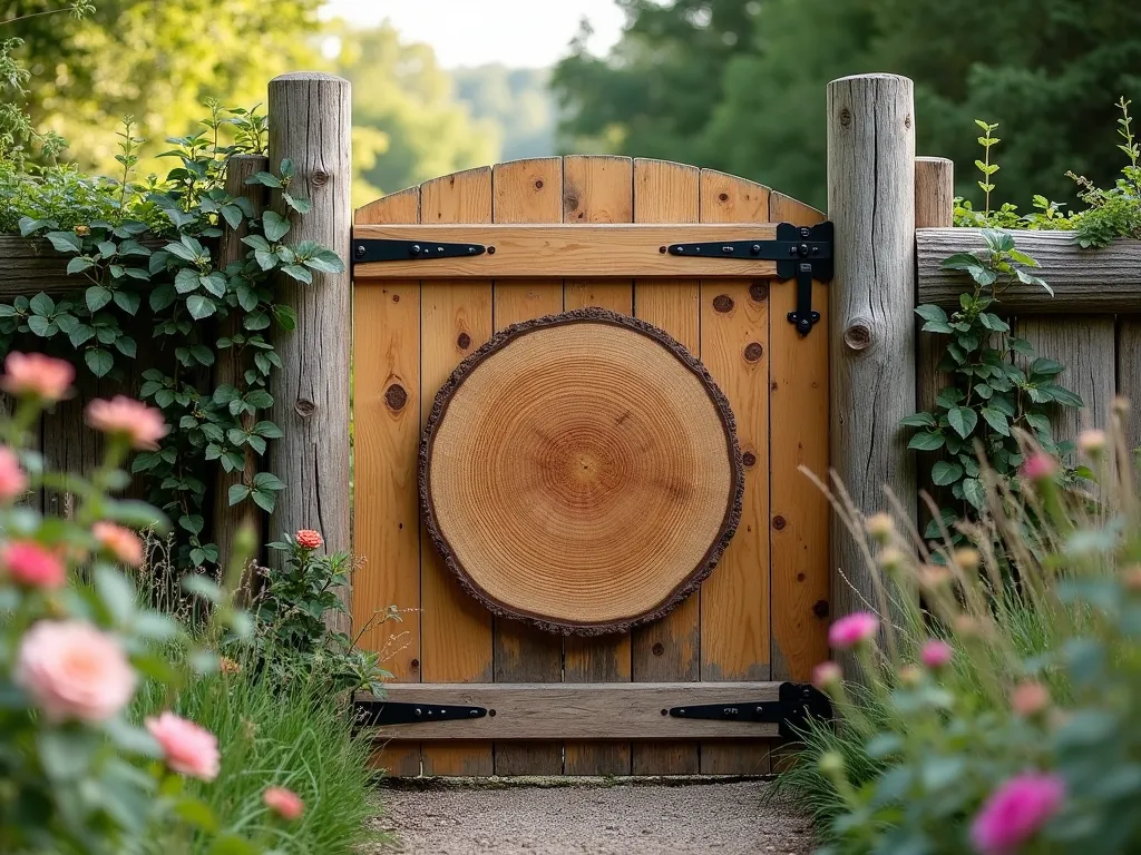 Rustic Log Slice Garden Gate with Natural Wood Rings - A charming rustic wooden garden gate featuring a large cross-cut log slice medallion, 24 inches in diameter, mounted centrally in a natural cedar frame. The log slice displays prominent tree rings in rich amber tones, weathered to a silvery patina. Gate frame constructed from rough-hewn timber posts with visible wood grain and iron hardware. Set against a backdrop of climbing roses and wild grasses, with dappled sunlight highlighting the natural wood textures. Photographed in pastoral garden setting, soft bokeh effect, f/2.8, morning light.