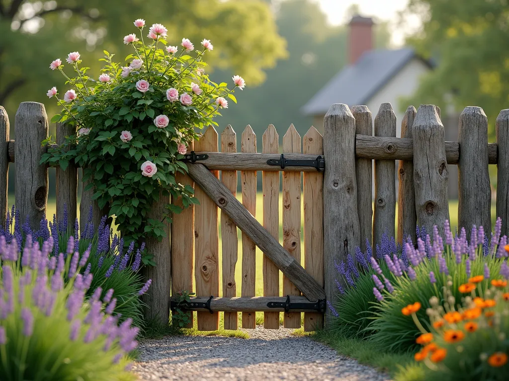 Rustic Split Rail Garden Gate - A charming rustic garden gate made from natural split rail logs, featuring weathered wood with visible knots and rich grain patterns. The gate seamlessly integrates into a traditional split rail fence, surrounded by cottage-style perennial gardens with lavender and black-eyed susans. Soft morning light illuminates the rough-hewn texture of the wood, casting gentle shadows across the natural patina. A climbing rose gently drapes over one corner of the gate frame, while a gravel pathway leads through the entrance. Photorealistic, high detail, warm morning lighting, pastoral setting.