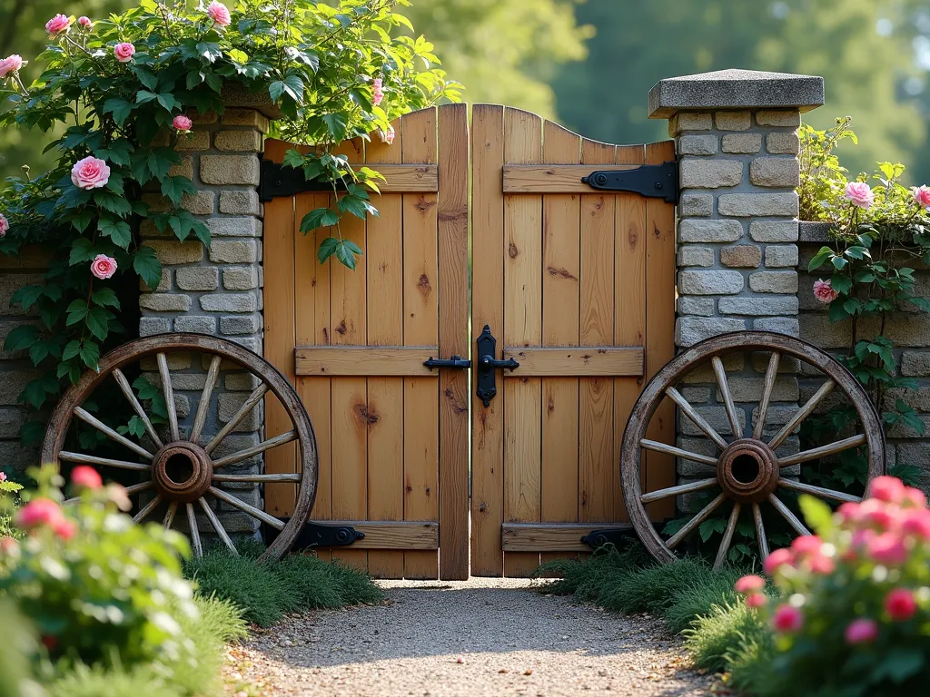 Rustic Wagon Wheel Garden Gate - A charming rustic wooden garden gate featuring two weathered antique wagon wheels integrated into its design, one on each side serving as decorative elements. The gate is made from rough-hewn cedar planks arranged horizontally, with black wrought iron hardware. The wagon wheels show natural aging with weathered wooden spokes and rusty metal rims. Climbing roses and wild vines partially embrace the structure. Stone pillars support the gate, while a gravel path leads through it into a cottage garden. Soft morning light creates beautiful shadows through the wheel spokes, photorealistic, highly detailed, professional landscaping photography style.