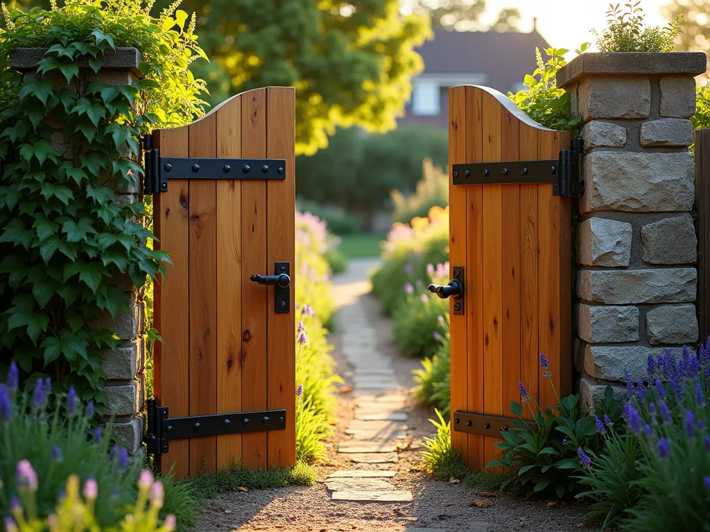 Rustic Whiskey Barrel Gate - A charming garden gate crafted from curved whiskey barrel staves, photographed in golden afternoon light. The wooden staves are arranged in a gentle arc pattern, showcasing their rich, weathered oak texture and deep amber tones. The gate is set between rough-cut stone pillars covered in climbing ivy. Behind the gate, a winding garden path leads through cottage-style perennial gardens with blooming foxgloves and lavender. The scene is captured with a shallow depth of field, emphasizing the rustic details of the barrel wood and iron hardware. Photorealistic, high detail, f/2.8 aperture.