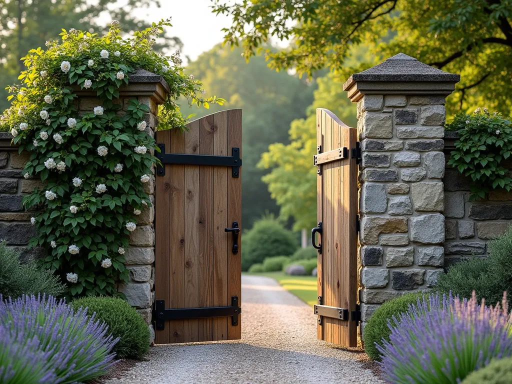 Majestic Stone Pillar Garden Gate - A grand rustic garden entrance featuring weathered wooden double gates framed by tall, rugged stone pillars with natural moss accents. The gates are made of reclaimed oak planks with black wrought iron hardware. Climbing roses and English ivy gracefully wind around the pillars, while lavender borders the gravel path leading to the gate. Soft evening light casts warm shadows across the natural stone texture, creating a romantic cottage garden atmosphere. The gate opens to reveal a glimpse of a lush garden beyond, with mature trees providing a green backdrop.