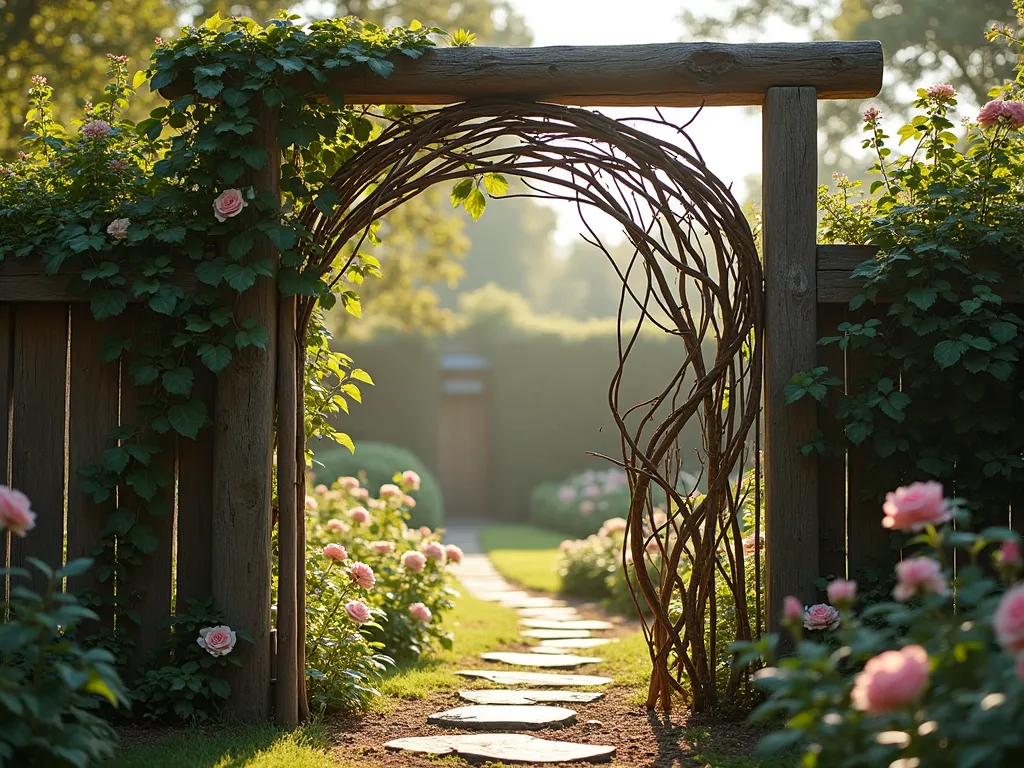 Enchanting Twig Mosaic Garden Gate - A rustic garden gate crafted from weathered wood, featuring an intricate mosaic pattern made from carefully arranged natural twigs and branches. The gate frame is sturdy and weathered, with thin branches woven into a beautiful spiral pattern within the frame. Climbing roses and ivy partially embrace the gate posts, while soft morning light filters through the branches, creating delicate shadows on the garden path below. The background shows a lush cottage garden with flowering perennials and a winding stone pathway. The scene is captured in a dreamy, artistic style with warm, natural tones and shallow depth of field.