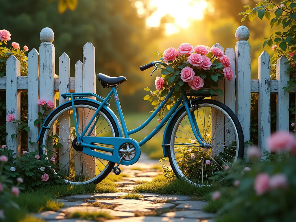 Rustic Bicycle Garden Gate with Climbing Roses - A charming vintage blue bicycle transformed into a garden gate, mounted within a weathered wooden frame. The bicycle's front wheel serves as a functional gate door, while climbing pink roses and ivy weave through the spokes and handlebars. Golden evening sunlight filters through the wheel spokes, casting intricate shadows on a rustic stone path. The surrounding wooden posts feature distressed white paint, and cottage-style garden flowers bloom along both sides. Photorealistic, detailed craftsmanship, pastoral garden setting, soft natural lighting, 4k resolution.