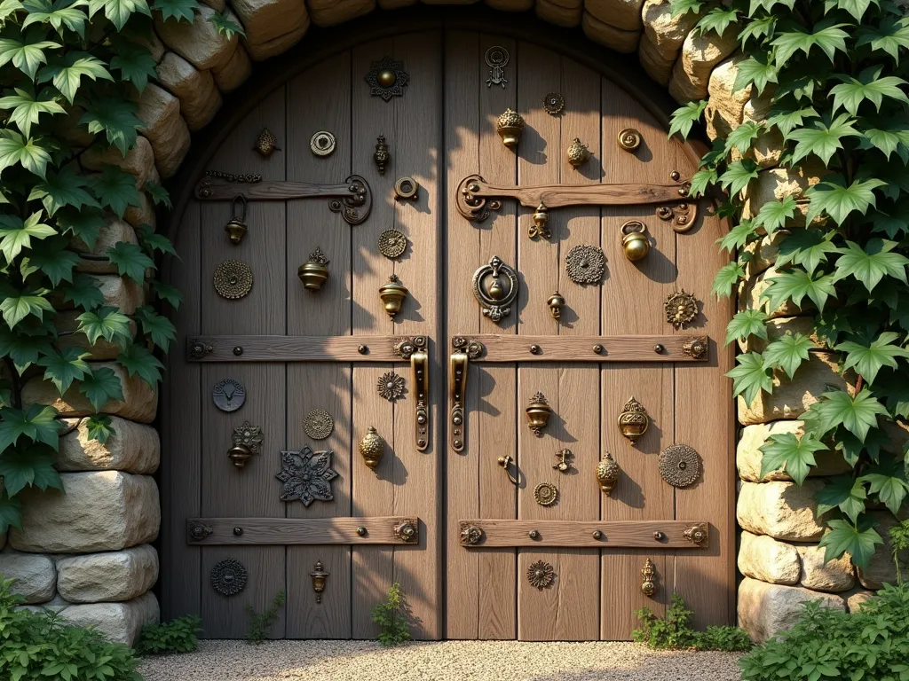 Vintage Hardware Garden Gate with Antique Door Knobs - A rustic wooden garden gate made from weathered oak planks, adorned with an artistic arrangement of vintage brass and copper door hardware. Multiple antique door knobs, ornate Victorian-era door knockers, and decorative keyhole plates are mounted in an aesthetically pleasing pattern across the gate's surface. The gate is set within a natural stone archway covered in climbing English ivy. Soft afternoon sunlight casts intricate shadows through the hardware pieces, while a gravel path leads through the gate into a cottage garden beyond. The gate features a central vintage brass handle and working historic lock mechanism. Photorealistic, highly detailed, rustic charm, architectural photography style.