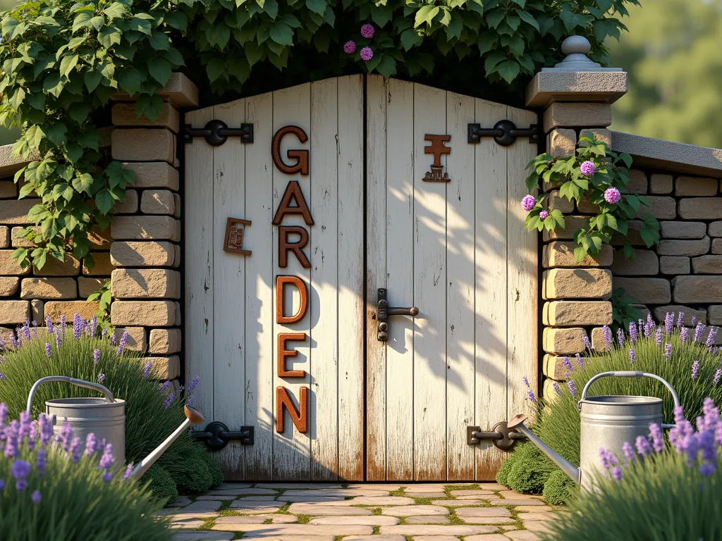 Vintage Garden Gate with Rustic Signage - A charming weathered wooden garden gate with peeling white paint, adorned with vintage enamel letters spelling 'GARDEN' vertically. The gate is set within a natural stone wall covered in climbing roses and ivy. Antique metal house numbers and a rusty botanical sign are artfully arranged on the gate. Early morning sunlight casts dappled shadows through overhanging tree branches, creating a dreamy, nostalgic atmosphere. The gate is flanked by lavender bushes and vintage galvanized watering cans filled with wildflowers. Photorealistic, rustic farmhouse style, soft morning light, detailed textures, 4k.