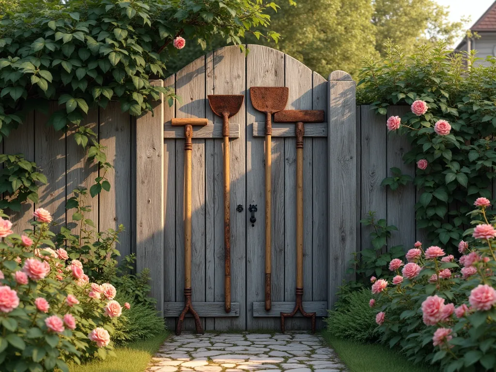 Rustic Garden Tool Gate with Vintage Character - A charming rustic garden gate made from weathered wooden planks, incorporating antique garden tools arranged artistically within the frame. The gate features vintage rake heads, rusty hoe blades, and worn wooden-handled garden tools carefully arranged in a decorative pattern. Soft morning light illuminates the weathered wood and aged metal, creating a warm, nostalgic atmosphere. The gate is flanked by climbing roses and cottage garden flowers, with a natural stone path leading up to it. Photorealistic, detailed texture, warm earthy tones, architectural detail, cottage core aesthetic.