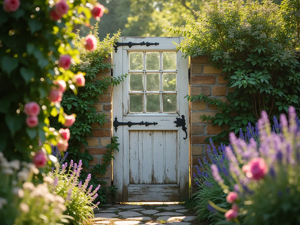 Vintage Window Frame Garden Gate with Distressed Paint - A charming garden gate made from a salvaged white-painted window frame with 6 panes, showing authentic weathering and vintage patina. The bottom half features weathered gray wooden panels. Ornate black wrought iron vintage hardware adorns the side. Sunlight streams through the glass panes creating dappled shadows on a rustic stone path. The gate is flanked by climbing roses and lavender, with cottage garden flowers in soft focus in the background. Shot in warm afternoon light with shallow depth of field.