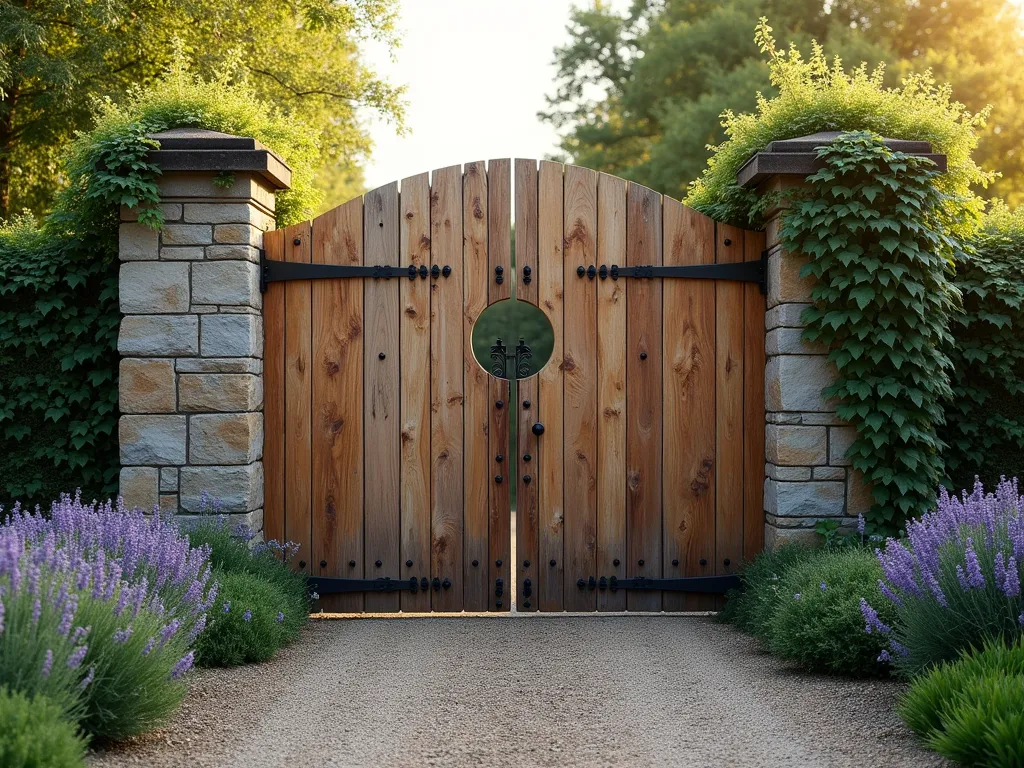 Weathered Railway Sleeper Garden Gate - A majestic garden gate crafted from weathered railway sleepers, photographed in golden afternoon light. The massive wooden gate features vertical sleepers with deep grain patterns and rust-marked bolt holes, mounted on robust stone pillars covered in climbing ivy. The gate stands 7 feet tall, showcasing the natural patina and industrial heritage of the reclaimed wood. English cottage garden flowers spill over on either side, with lavender and catmint creating a soft contrast to the rugged wood. A gravel path leads through the gate to a whimsical garden beyond, creating depth and intrigue. Photorealistic, detailed textures, architectural photography style, f/8, soft natural lighting.