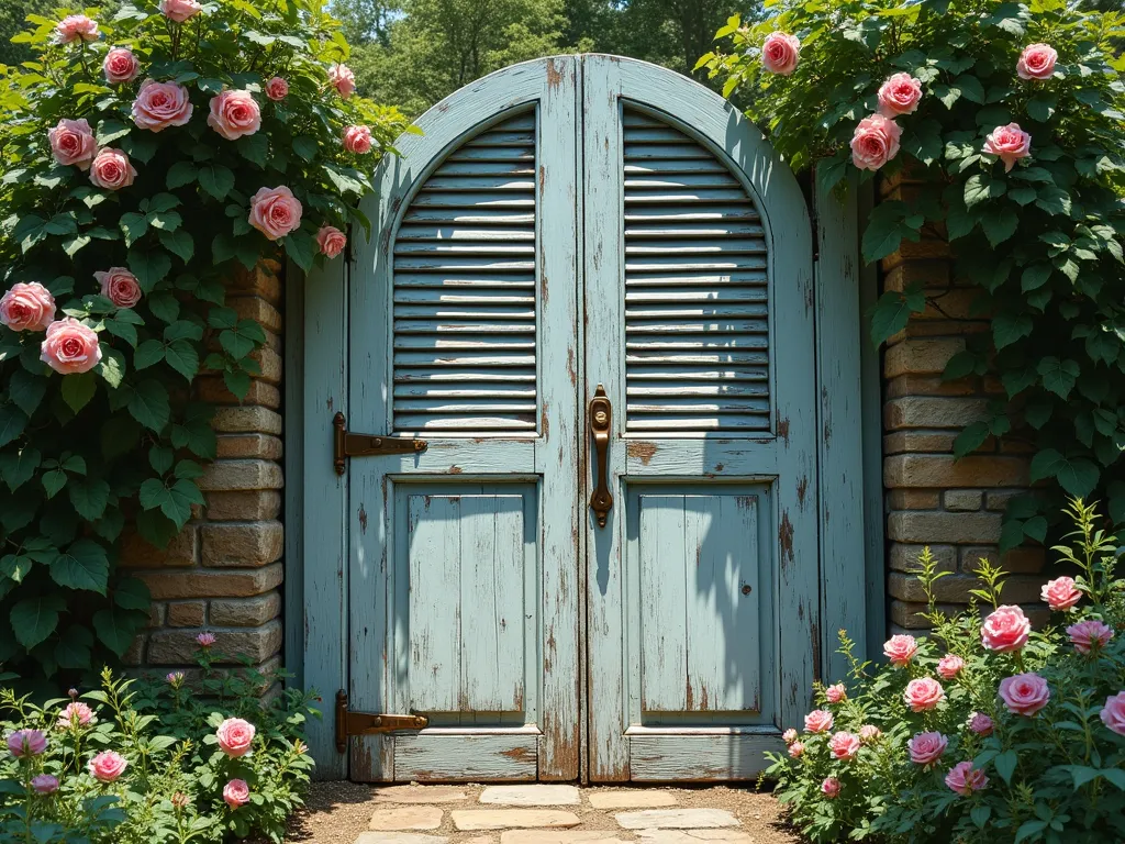 Weathered Shutter Garden Gate - A rustic garden gate made from repurposed antique wooden window shutters with original brass hardware, painted in faded blue-gray, showing natural weathering and patina. The louvered slats cast gentle shadows on a stone path. Wild climbing roses and English ivy partially frame the gate, while a backdrop of cottage garden flowers adds color. Photographed in natural sunlight with soft shadows, creating a romantic, vintage atmosphere. Hyperrealistic, detailed texture, 4K, architectural photography style.