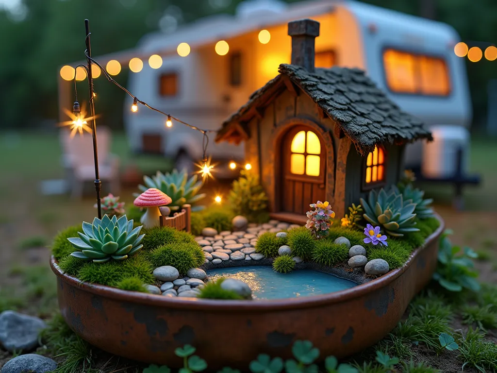 Enchanted RV Fairy Garden at Dusk - A magical close-up shot of a weathered copper container fairy garden beside an RV, captured at dusk. Tiny succulents and miniature flowers create a layered landscape, with delicate moss-covered pathways winding between them. A diminutive fairy cottage with a thatched roof nestles among the greenery, its windows warmly glowing. Delicate solar-powered fairy lights twinkle like stars throughout the display, casting a ethereal golden glow. Miniature mushrooms, a tiny bridge, and carefully placed crystals add whimsical touches. A small water feature trickles into a pebble-lined pond, reflecting the soft evening light. The background shows a blurred view of the campsite, with warm lantern light from the RV creating a cozy atmosphere. Shot with shallow depth of field to emphasize the magical miniature world while maintaining context of the camping setting.