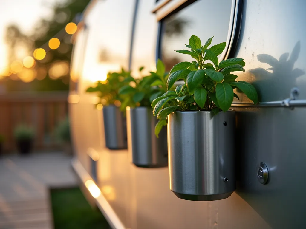 Magnetic Herb Garden on RV Exterior - Close-up shot of sleek, modern magnetic stainless steel herb pots mounted on a silver Airstream RV exterior, captured during golden hour. The pots showcase thriving basil, thyme, and mint plants with vibrant green leaves. Stylish hexagonal-shaped containers feature clean lines and subtle drainage holes, arranged in an artistic pattern. Natural sunlight casts gentle shadows, highlighting the metallic finish of the pots against the RV's surface. The composition includes a partial view of a wooden deck and string lights in the soft-focus background, creating a cozy camping atmosphere. Shot with DSLR camera, wide-angle lens, f/8, ISO 100, 1/125 sec.