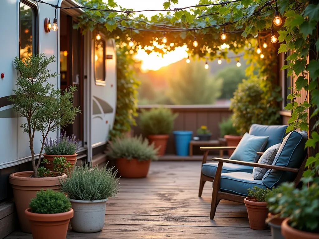 Mediterranean RV Garden Oasis - A golden hour photograph of a cozy RV patio space transformed into a Mediterranean garden sanctuary. Multiple terracotta and lightweight concrete planters of varying sizes contain mature rosemary bushes, fragrant lavender, and cascading oregano. A dwarf olive tree in a decorative light-colored pot serves as a focal point, while climbing grape vines weave through a portable copper-toned trellis. String lights are draped overhead, creating a warm ambiance. The scene is captured from a medium-wide angle, showing the harmonious integration with the RV's outdoor living space. Rustic wooden furniture and Mediterranean-inspired textiles in blues and terracottas complete the scene. Soft evening light filters through the grape leaves, casting gentle shadows on the weathered wood deck. Hyperrealistic, professional photography, f/2.8, golden hour lighting.