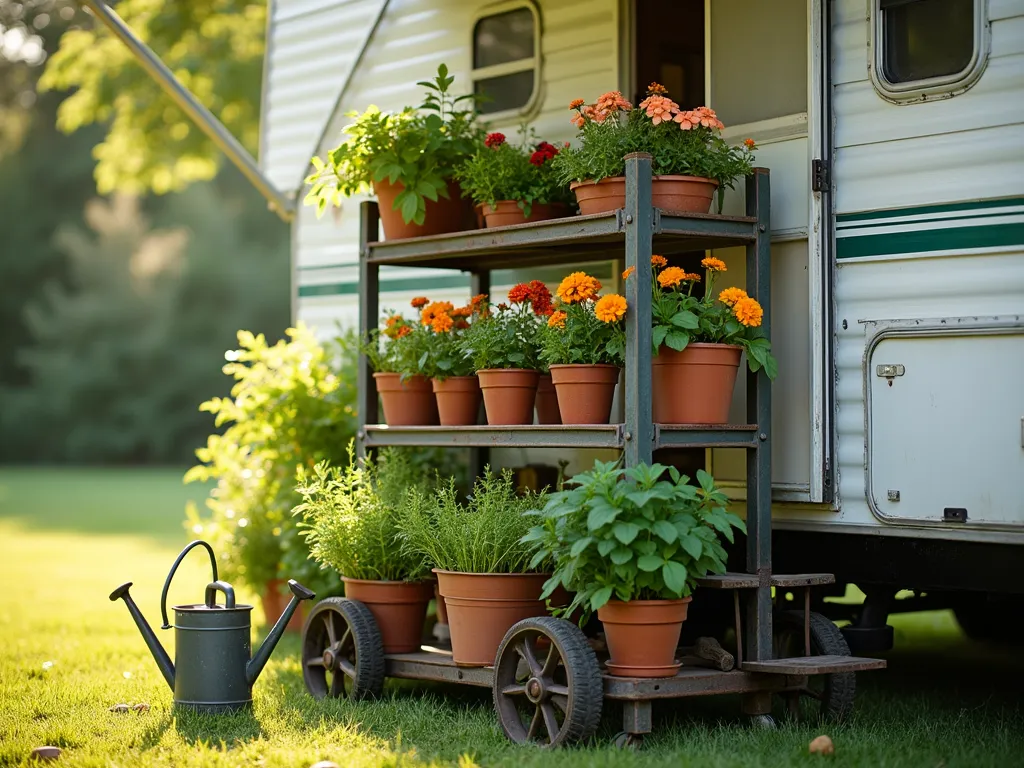 Mobile RV Garden Cart in Morning Light - A rustic three-tiered metal utility cart with wheels positioned beside an RV awning, captured in soft morning light. The cart showcases a vibrant collection of potted herbs and flowering plants arranged at different heights. Basil, thyme, and rosemary occupy the top shelf, colorful petunias and marigolds fill the middle, while larger potted tomato plants rest on the bottom shelf. Dappled sunlight filters through the awning, creating gentle shadows across the weathered metal cart. Shot at f/2.8 with shallow depth of field focusing on the lush greenery, with the RV slightly blurred in the background. A vintage watering can and small gardening tools add character to the scene.