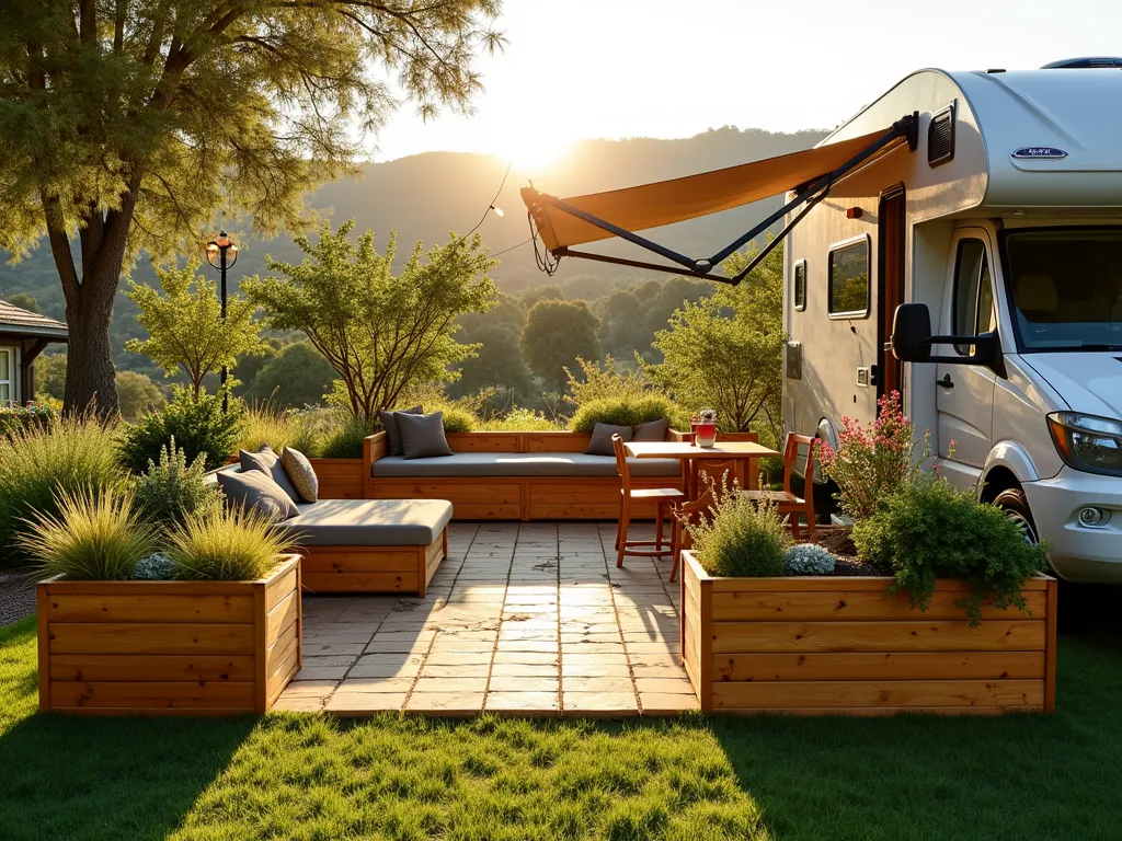 Modern RV Bamboo Planter Garden - A serene late afternoon scene of a stylish RV campsite featuring elegant modular bamboo planters arranged in a thoughtful pattern. The rectangular bamboo containers, varying in height, create natural zones and privacy screening. Filled with cascading plants and ornamental grasses, the planters cast gentle shadows in the warm sunlight. A wide-angle view shows how the planters define separate outdoor living spaces, with some creating a cozy dining nook beside the RV. The natural honey-colored bamboo material complements the outdoor setting, while potted herbs and flowering plants add splashes of green and color. Solar-powered string lights weave between the planters, preparing for evening ambiance. The composition emphasizes the eco-friendly and mobile nature of the setup, with all planters featuring wheels or handles for easy rearrangement.