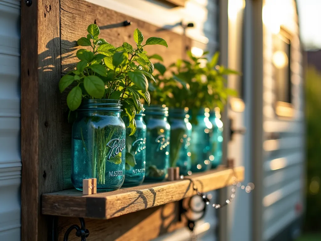 Portable Mason Jar Herb Garden Display - A close-up shot of a rustic wooden board mounted with vintage blue and clear mason jars in the golden afternoon sunlight. The jars contain thriving herbs like basil, thyme, and rosemary, their leaves spilling over the jar edges. The board features decorative wrought iron mounting brackets and is positioned against an RV's exterior wall. A string of soft white fairy lights weaves between the jars, creating a magical ambiance. The herbs cast delicate shadows on the weathered wood, while water droplets on the glass catch the warm light. The scene includes small plant markers made from wooden clothespins and a few scattered gardening tools for authenticity.