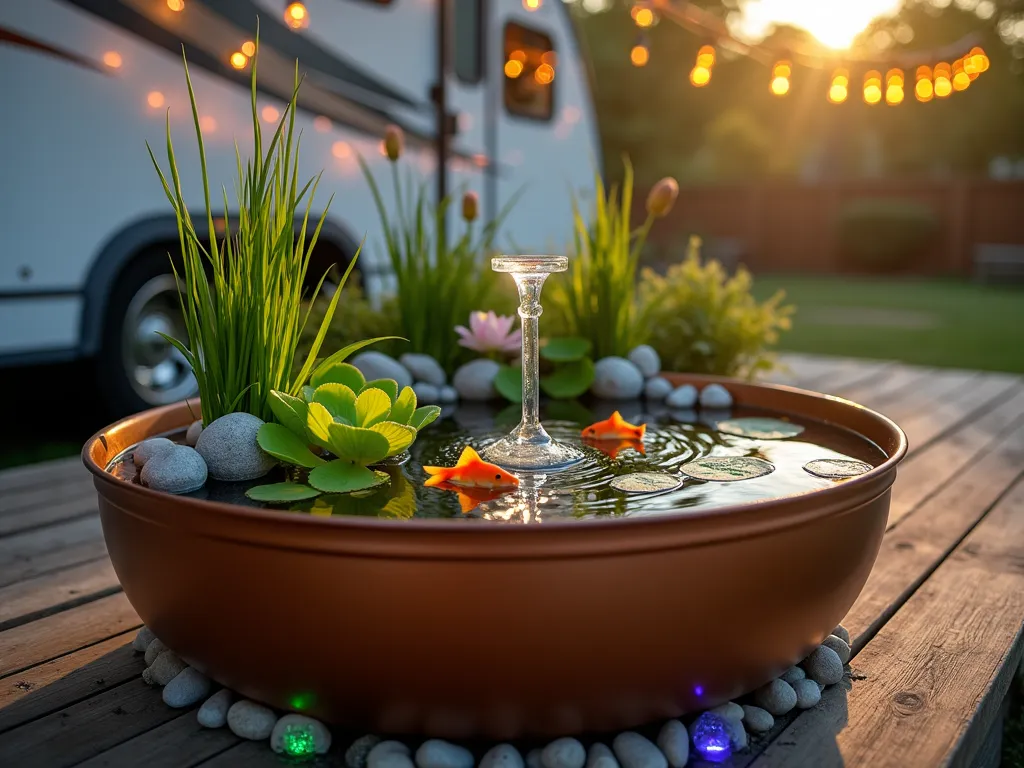 Portable RV Mini Water Garden at Sunset - Close-up shot of a stylish copper-colored container water garden situated on a wooden deck beside an RV at sunset. The container features delicate water lilies, floating water lettuce, and dwarf cattails arranged in layers. A small solar-powered fountain creates gentle ripples in the crystal-clear water, where two bright orange miniature goldfish swim peacefully. Soft evening light casts a warm glow on the water's surface, while string lights draped on the RV awning twinkle in the background. Small polished river stones line the bottom of the container, and a few strategic LED underwater lights create a magical ambiance.