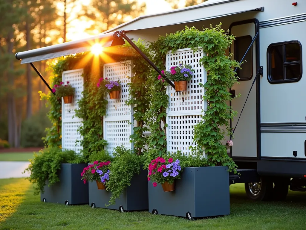 Mobile RV Privacy Screen Garden - A stylish portable privacy screen setup next to a parked RV at golden hour, featuring white lattice panels mounted in modern charcoal-colored rectangular planters. Lush English Ivy and purple Clematis vines gracefully wind up the lattice, creating a living wall effect. Multiple copper hanging baskets filled with cascading petunias and ferns add depth and color. The screen is positioned on discrete wheels, photographed from a 45-degree angle to show both the depth and functionality, with warm sunset light filtering through the foliage creating dappled shadows. The background shows a peaceful campsite setting with pine trees. Shot with shallow depth of field emphasizing the screen's textural details, DSLR, f/8, natural lighting.