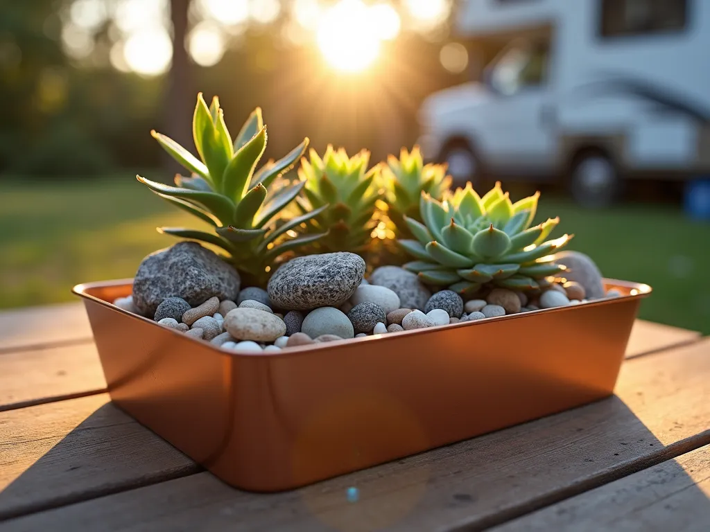 Rustic Portable RV Rock Garden - Close-up shot of a beautifully arranged rectangular copper planter featuring a miniature rock garden at golden hour. The garden showcases a harmonious arrangement of small weathered stones, pebbles, and drought-resistant succulents including Sempervivum and Sedum varieties. Natural light filters through, casting warm shadows across textured rocks while highlighting the jewel-toned succulents. Alpine plants nestled between carefully placed granite stones create depth and dimension. The portable container sits on a wooden outdoor table near an RV, with a blurred campsite setting in the background. Shot with DSLR camera, wide-angle lens, f/8, ISO 100, 1/125 sec, capturing the intricate details and natural textures.