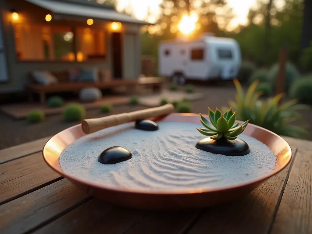 RV Portable Zen Garden at Sunset - A close-up, atmospheric shot of a minimalist portable zen garden at sunset, set on a wooden table outside an RV. The shallow copper tray contains fine white sand with elegant rippling patterns created by a small bamboo rake. Small polished black river stones and miniature jade succulents are artfully arranged in the sand, creating peaceful focal points. Soft golden hour lighting casts long shadows across the sand patterns, while the background shows a blurred RV awning and string lights. Shot with shallow depth of field focusing on the detailed sand patterns and succulent textures. 16mm lens capturing the intimate atmosphere of this meditative space.