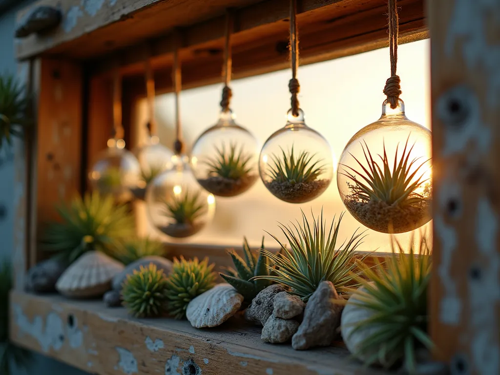 RV Air Plant Oasis - Close-up shot at golden hour of a rustic wooden RV window adorned with hanging glass globes and natural driftwood pieces, showcasing a diverse collection of air plants (Tillandsia). The plants are artfully arranged at varying heights, with some nestled in seashells and others wrapped around weathered branches. Soft, warm sunlight filters through the glass globes, creating ethereal prisms while highlighting the silvery-green foliage of the air plants. The natural textures of the driftwood contrast beautifully with the delicate plants, photographed with shallow depth of field to create a dreamy, botanical atmosphere. Shot with a digital camera, 35mm, f/2.8, ISO 400.