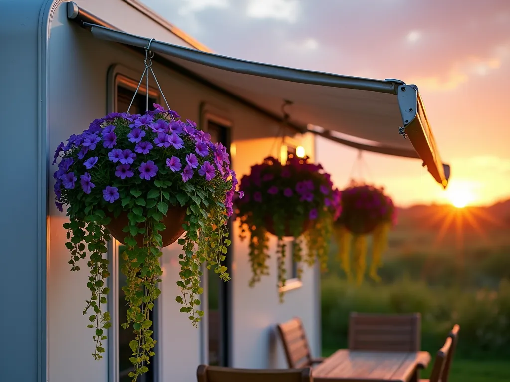 RV Awning Hanging Garden at Sunset - A stunning dusk scene of a modern RV with a pristine white awning adorned with multiple cascading hanging baskets. The baskets overflow with vibrant purple petunias, blue lobelia, and emerald ivy trailing down in elegant waves. Golden hour sunlight filters through the flowers, creating a warm, welcoming atmosphere. The baskets are secured with sleek brushed aluminum hooks, spaced evenly along the awning. Below, a cozy outdoor seating area with weathered teak furniture completes the homey campsite setting. Wide-angle perspective captures the full majesty of the hanging garden display against a soft orange and pink sunset sky.