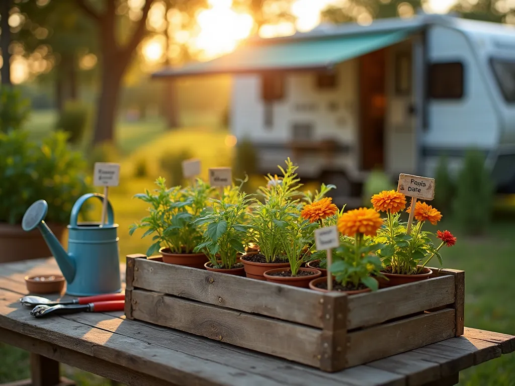 RV Biodegradable Garden Starter Kit - Close-up shot of rustic wooden table outside an RV at golden hour, featuring an array of biodegradable fiber pots filled with sprouting vegetables and flowering annuals. The pots are arranged in a vintage wooden crate, with some marigolds and cherry tomato seedlings visible. Soft natural lighting filters through nearby trees, creating a warm, inviting atmosphere. A watering can and gardening tools rest nearby, while the RV awning provides partial shade. Small plant markers made from natural materials identify each plant variety, and some pots show early signs of natural decomposition, highlighting their eco-friendly nature.