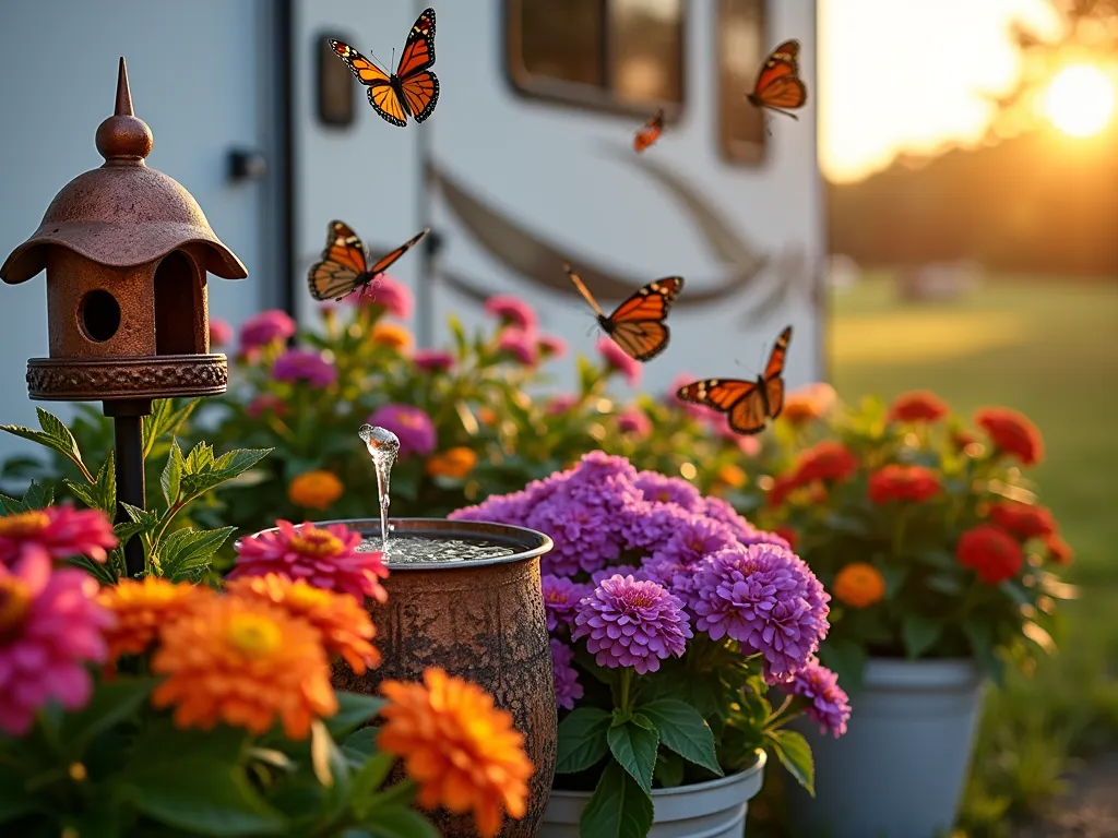 RV Butterfly Garden Haven - A close-up shot during golden hour of a charming portable butterfly garden setup beside an RV. Multiple colorful containers featuring vibrant zinnias in pink and orange, and cascading purple lantana create a lush display. A decorative copper butterfly house stands among the flowers, while a small solar-powered water fountain provides a gentle water source. Natural afternoon sunlight filters through the scene, capturing several monarch butterflies in flight around the flowers. The composition shows the garden's portability while maintaining an aesthetic that blends with the outdoor camping environment. Shot with shallow depth of field highlighting the delicate butterfly wings and flower petals, with the RV softly blurred in the background. Professional DSLR capture at f/8, ISO 100, 1/125 sec, golden hour lighting enhancing the natural beauty of the scene.