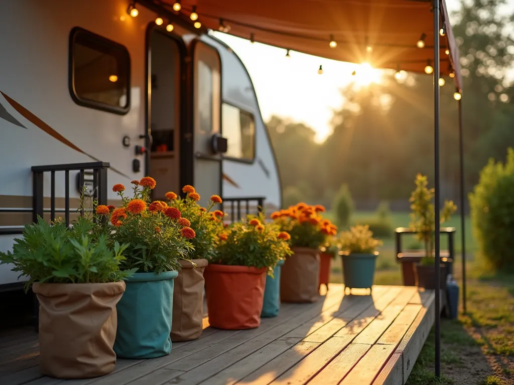 RV Collapsible Garden at Sunset - A cozy RV campsite at golden hour, featuring a beautifully arranged collection of collapsible fabric containers along the RV's awning area. The containers, in various earth-tone colors, are filled with blooming marigolds, cherry tomatoes, and fresh herbs. The fabric planters are artfully arranged on a portable wooden deck platform, creating a welcoming outdoor living space. Soft evening sunlight filters through the awning, casting warm shadows across the container garden. The composition includes string lights draped overhead, and a comfortable outdoor seating area visible in the background. Shot from a 45-degree angle to showcase both the vertical and horizontal elements of the garden setup, with the RV providing a homey backdrop. Ultra-realistic, professional photography, perfect exposure, rich natural colors, with selective focus highlighting the textural details of the fabric containers.