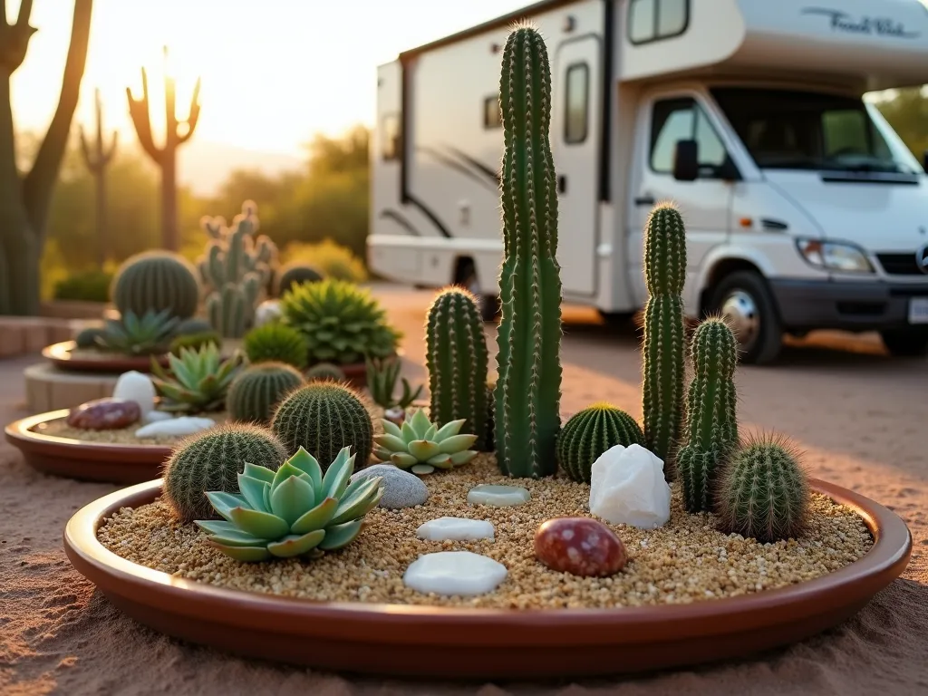 RV Desert Garden Haven - A stunning close-up shot of a meticulously arranged desert garden display outside an RV, captured during golden hour. Multiple shallow copper and terracotta trays showcase an artistic arrangement of diverse cacti and succulents in varying heights and textures. Echeveria rosettes, barrel cacti, and tall saguaro create dynamic levels, while smooth river rocks and golden desert sand create meandering pathways between plantings. Decorative white quartz and red jasper stones add pops of color. Natural morning light casts long shadows across the display, highlighting the sculptural shapes of the desert plants. Shot with a 16-35mm lens at f/2.8, ISO 400, creating a dreamy bokeh effect that softens the RV in the background while maintaining sharp detail on the desert garden arrangement.