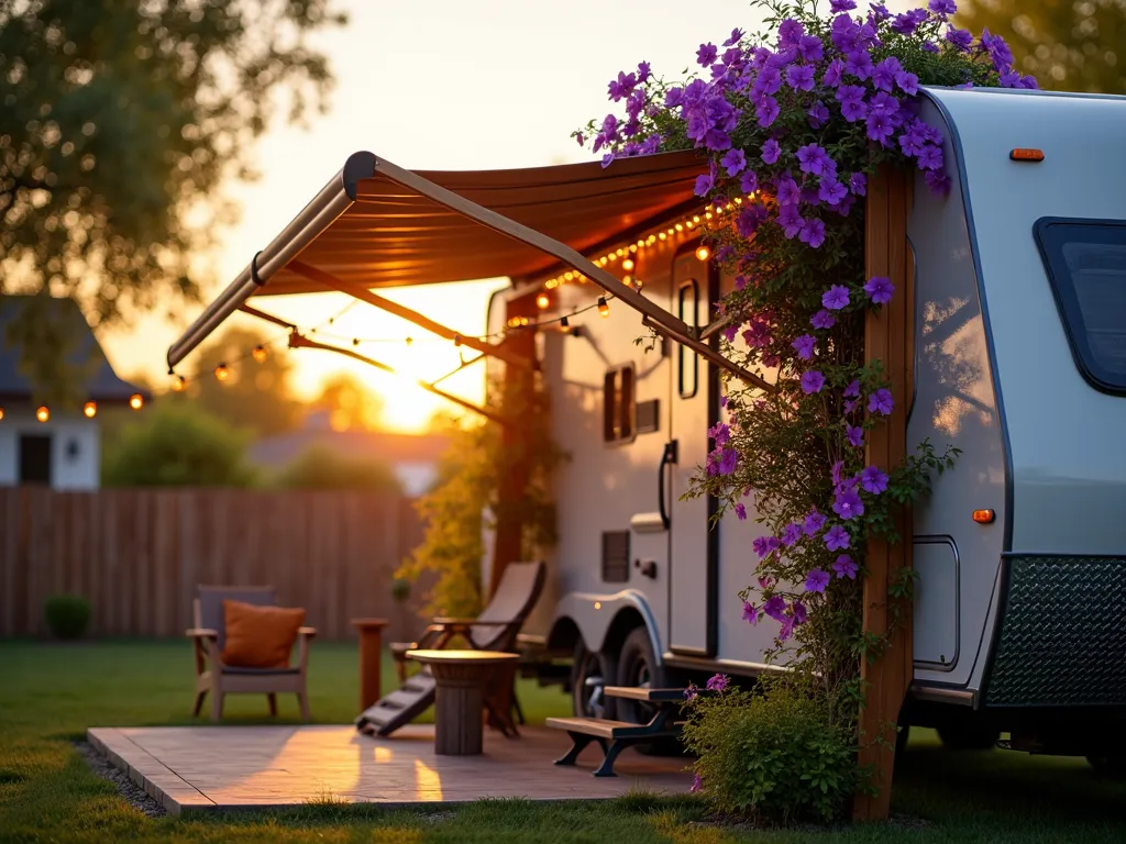 RV Expandable Trellis Garden at Sunset - A cozy RV campsite at golden hour with an elegant expandable wooden trellis system mounted along its side, featuring vibrant purple clematis and morning glories climbing gracefully upward. The trellis has a modern geometric pattern and folds accordion-style, with sections partially extended to show its versatility. Soft sunset light filters through the flowering vines, creating magical shadows on the RV's exterior. The surrounding campsite features a small patio area with rustic outdoor furniture, while string lights weave through the trellis structure. Captured with shallow depth of field highlighting the blooms in the foreground, shot from a slight low angle to emphasize the vertical growth. Professional DSLR photo with perfect exposure showing the intricate details of both flowers and trellis construction. 8K resolution, hyper-realistic detail.